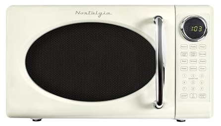 Nostalgia Retro 700W Microwave Oven 0.7 Cu Ft Capacity – Child Safety Lock, 8 Auto-Cook Settings – Countertop Kitchen Appliance – Ivory