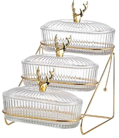 Pasdrucn 3 Tier Cupcake Stand & Towers Serving Tray Set, Glass Tiered Cake Stand Display Tower With PP lid, Glass Fruit Bowl With metal stands, afternoon tea stands, 3 Tier Serving Platter Set-B