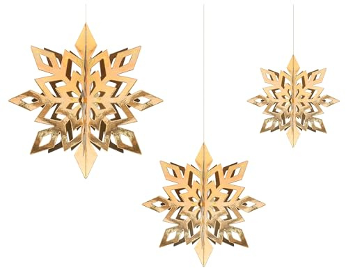 HIKI Hooray 3D Schneeflocken Hängedeko Gold – 6er Set (2×15 cm 2×20 cm 2×25 cm) – Papier-Anhänger zum Selbstaufbau – Winter- & Weihnachtsdeko mit Aufhängeschnur
