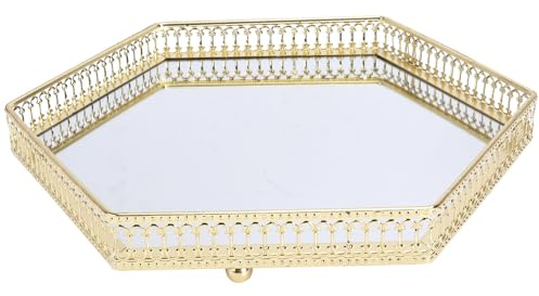 FONDOTIN Plateau de Rangement Hexagonal Métal avec Miroir Haute Définition Plateau Décoratif Multifonction pour Cosmétiques Bijoux et Décoration Intérieur Élégante