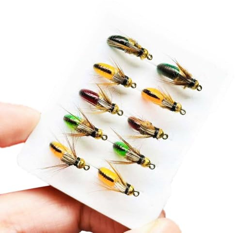 Qitewwrme 10Pc Wet Flies Bait Fly Fishing Flies for Bass Trout Pike Salmon Brass Head Caddis Nymph Handmade Fishing Bait Artificial Insect Lure (Mixed Colors)