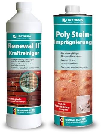 HOTREGA Renewal II & Poly Stein-Imprägnierung je 1L Set | Schutz + Reiniger | Gegen Kalk, Rost und Ausblühungen | Für Klinker, Fliesen, Naturstein | Wasser- & ölabweisend | Ohne Schichtbildung