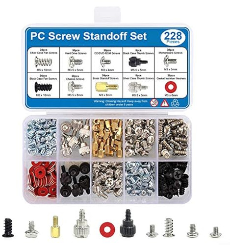 Helilyco 228pcs PC Vis et Entretoises Set Set pour Boitier Ordinateur Disque Dur Carte Mère Refroidisseur Laiton Acier Noir Argent