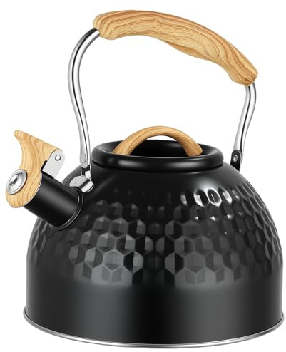 3L Wasserkessel, Edelstahl Flötenkessel mit Holzoptik Griff, Hammerstruktur Wasserkessel für Induktion und Gasherd, Automatischer Pfiff, Flöte Teekessel für Tee & Kaffee