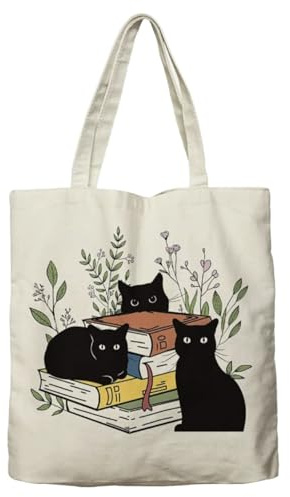 MYZWEL Borsa in Tela Tote Bag Gatto Lettura, Borsa Shopper Grande Capacità per Studio e Lavoro, Regalo per Amanti dei Libri e Gatto