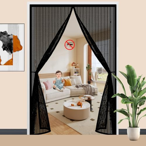 Fliegengitter Tür Magnet 90 x 215 cm Stärkere Magneten, Reißfest, Insektenschutz Magnetische Moskitonetz Vorhang Selbstschließend für Balkontür Terrassentür, Schwarz