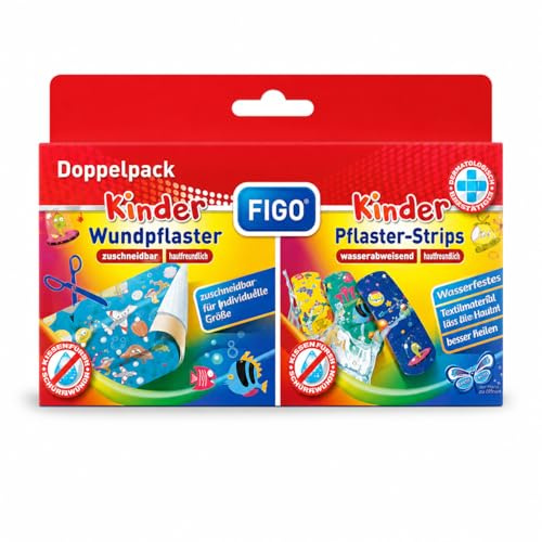 FIGO Barnplåster dubbelpack, sårplåster kan skäras till storlek 0,5 m x 6 cm + 10 plåsterremsor 56 x 19 mm, vattenavvisande, hudvänlig, färgglada motiv