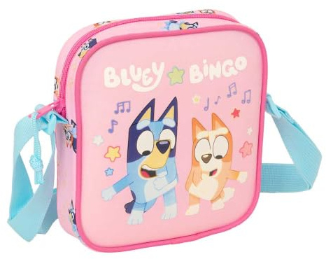 Safta | Bandolera Infantil Bluey Dance, Bolsito Cruzado con Correa Ajustable, Cierre con Cremallera, Diseño Rosa con Bluey y Bingo, Ligera y Resistente, Accesorio Escolar y Ocio, Medidas 16x4x18 cm