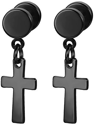 JewelryWe Joyería Pendientes de Cruz Acero Inoxidable Falsos Plugs Fake Plug Túnel Pendientes Colgantes Piercings de Oreja con Colgante de Crucifijo Colgante para Hombres y Mujeres, 6 Colores, 1 cm x