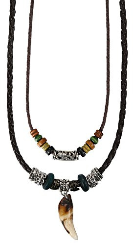 Aroncent Tribe Adjustable Ethnic Hemp Leather Wood Beads Beaded Choker Necklace for Men Women Black Wolf Tooth Pendant
