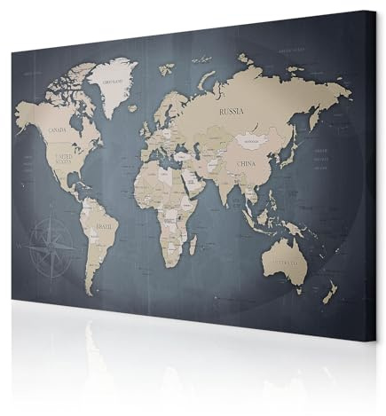 decomonkey Bilder Weltkarte 90x60 cm 1 Teilig Leinwandbilder Wandbild grau | Strukturleinwand, Holzkeilrahmen, Bild auf Leinwand, Kunstdruck, Wanddeko, Wohnzimmer, Wanddekoration, Landkarte