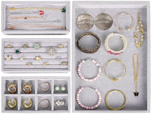 BELLE VOUS Schmucktablett Grauer Schubladeneinsatz Schmuck (4er Pack) - 35,3 x 24,2 cm - Schmuck Aufbewahrungssystem - Abnehmbare Abschnitte für Halsketten, Ringe, Armbänder & Ohrringe