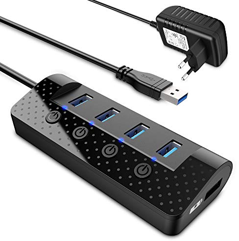 Atolla Hub USB alimentato, Hub USB 3.0 a 4 porte Plus porte dedicate alla ricarica con interruttori On/Off - Adattatore di alimentazione Incluso Hub USB 3.0 con alimentazione esterna