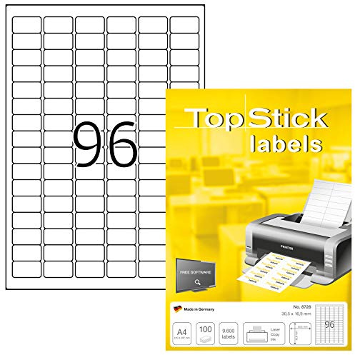 TopStick 8728 Universal Etiketten, 100 Blatt, 30,5 x 16,9 mm, 96 pro A4 Bogen, 9600 Stück, selbstklebend, bedruckbar, matt, blanko Papier Klebeetiketten Aufkleber, weiß