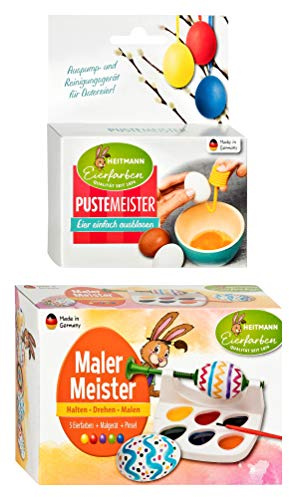Heitmann Eiefarben-Set - Ausblasgerät Puste-Meister, Malmaschine Malermeister, fünf flüssige Eierfarben - Ostern, Eier ausblasen, Ostereier bemalen