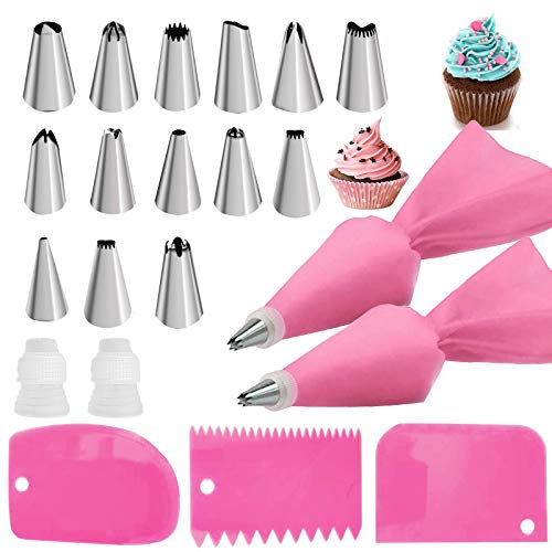Set di 2 sacchetti e punte per tubazioni rosa, 2 sacchetti riutilizzabili in silicone con 14 ugelli in acciaio inox, set di punte per glassa, 3 lisciante e 2 accoppiatori per la decorazione della
