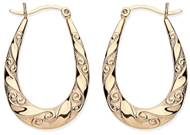 9ct Yellow Gold on Silver Patterned Oval Creole Hoop Earrings - Vintage Style