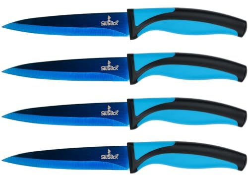 SiliSlick Ensemble de Couteaux à Steak - Couteaux en acier inoxydable avec revêtement en titane irisé/arc-en-ciel - 5 Pouces / 12,7 cm - (4 Poignée Bleue, Lame Bleue)