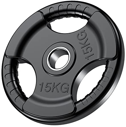 PhysKcal Olympiska Viktskivor 1 x 15kg med Gummifinish 2'' Öppning och Tri-Grips, Svarta Skivstångsskivor i Par eller Singel för Lyftning och Styrketräning, Gjutjärn