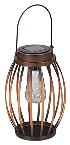 Relaxdays Farolillo Solar para Exterior, Lámpara Mesa Jardín con Guirnalda Led, Metal, Linterna Balcón y Terraza, Marrón, Acero, 25,5 x 18 cm