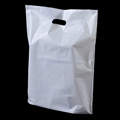 Sabco - 100pcs Premium White Patch Handle Plastic Carrier Bags - 15 x 18 x 3 - Heavy Duty High Tensile for Boutique Clothes Party Gift