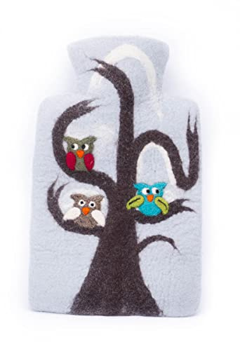 feelz - Wärmflasche Eule, süße Bettflasche mit 3 kleinen Käuzchen aus 100% Wolle (Merino), rot oder blau, Handarbeit, Fairtrade (Hellblau - Bezug mit Flasche)