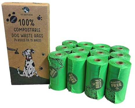 Eco Green Living Hundekotbeutel Ohne Kunststoff, Hundekotbeutel Werden auf Natürliche Weise Abgebaut, sind Robust und Auslaufsicher, Halten Schlechte Gerüche fern, 4 Rollen x 15 Beutel, 3er-Pack