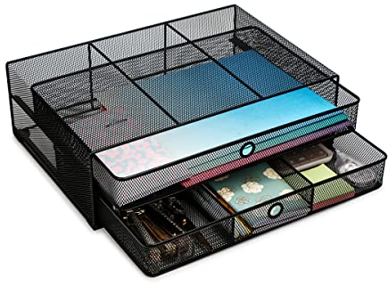 EXERZ Supports pour Moniteurs d'Ordinateur, Présentoir de Moniteur avec Tiroirs Max 15kgs, Organisateur de Bureau en Fil Métallique, Lapdesks, Noir