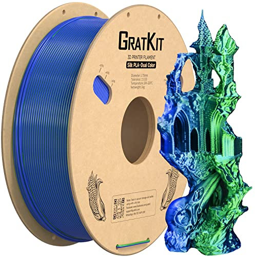 GratKit Dual Color Silk PLA Filament 1,75mm 1kg Spule, Zweifarbiges 3D-Drucker Filament mit +/-0,03mm Präzision, Einfach zu drucken, Blau Und Grün