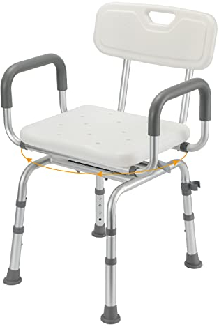 Vigevee Duschstuhl mit Abnehmbarer Rückenlehne und Armlehne, Komfort-Duschsitz 360°Drehbarer Badehocker Höhenverstellbar Duschhocker für senioren
