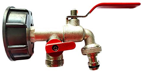 1/2 Zoll IBC Adapter Messing Auslaufhahn Auslaufventil IBC Wassertank Container Zubehör Doppelkopf mit 1 Schlauchanschlüsse, Ersatzventil für IBC-Regenwassertanks