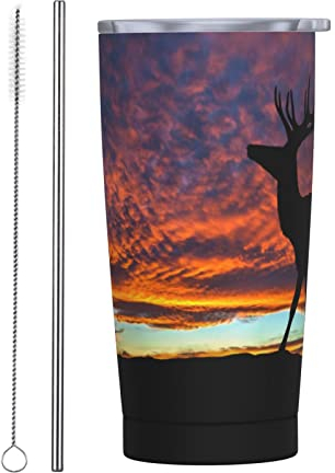 Red Deer Bull Elch Sonnenuntergang Bedruckt 590 ml Edelstahlbecher mit Deckel und Trinkhalmen Vakuumisolierter Reisebecher Kaffeetassen für kalte heiße Getränke
