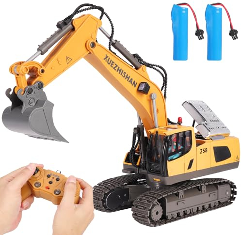 MINGPINHUIUS Ferngesteuerter Bagger Spielzeug für Kinder, 11 Kanal RC Bagger 2,4 GHz Fernbedienung mit Eisenlegierung Schaufel inkl. 2 Stücke Akku mit Licht und Musik Kettenbagger