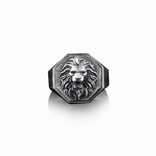 Handgemachter Herren-Löwenring Aus Oxidiertem Silber, Löwenkopf-Siegelring Aus Silber Für Männer, Löwe-Boho-Herren-Geschenkring, Sterlingsilber-Afrikanischer Löwe-Herrenschmuck