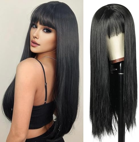 QUEENTAS 24 Zoll lange schwarze Perücke, natürliches glattes Kunsthaar mit Pony, lange Perücken für Frauen, täglicher Gebrauch, Cosplay, Karneval (natürliches Schwarz)