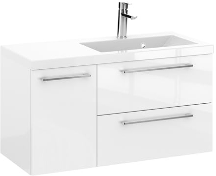 Furni Rosen 90 cm Hängend Waschbecken mit Unterschrank und Glänzenden Chromgriffen Waschbeckenunterschrank Badezimmer Waschtisch mit Unterschrank Waschtischunterschrank