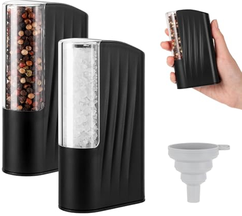 VEVOK CHEF Juego de molinillo eléctrico de sal y pimienta, mini molinillo de sal de pimienta tipo C, recargable, pequeño molinillo de pimienta, funcionamiento manual, grosor ajustable, color negro