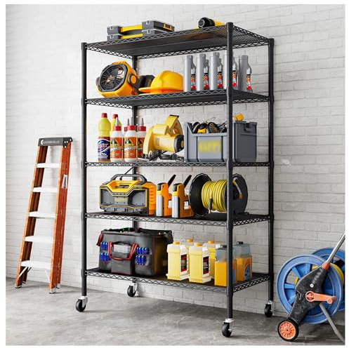 Forthcan Heavy Duty Garage Shelving Unit, 91.3x45.7x182.9cm, 5 Tier, Black | Adjustable Wire Shelving Unit Storage Shelves with Wheels
