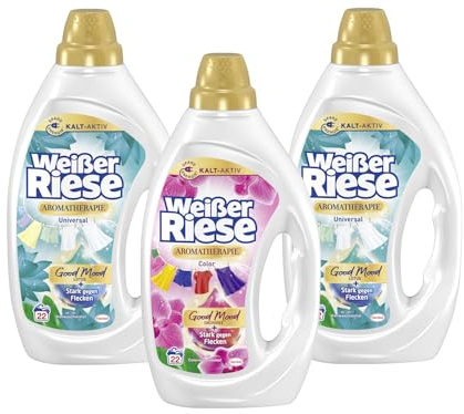 WEISSER RIESE Gel-Set 3x 22 Waschladungen (66WL) Aromatherapie 1x Color Orchidee & 2x Universal Lotus, mit Good Mood-Duft für unwiderstehlich duftende & strahlend saubere Wäsche