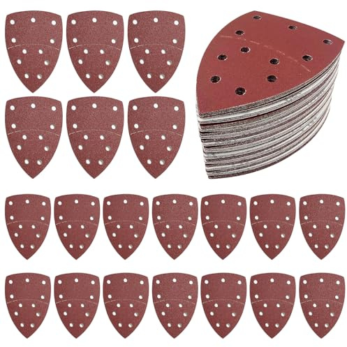 Lot de 20 patins de ponceuse pour souris - 15 x 10 mm - Crochet et boucle - Grain 100 - Papier abrasif triangulaire à 11 trous - Feuilles de ponceuse à paume, papier de verre pour ponceuse électrique