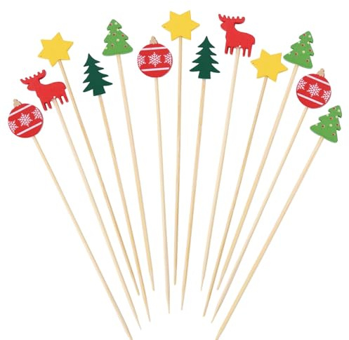 ENLACE Weihnachten Cocktail Spieße,100 Stück Weihnachten Fingerfood Spieße,Food Picks Weihnachten 5 Stile,Stern Cocktail Deko,Weihnachten Holzspieße Cocktail Party Deko,Obstspieße,Käsespieße