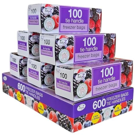 Tidyz Lot de 600 sacs de congélation avec poignées à nouer pour aliments frais, légumes, fruits, viande, préparation des repas, sandwichs. Lot de 6 boîtes de 100 sacs