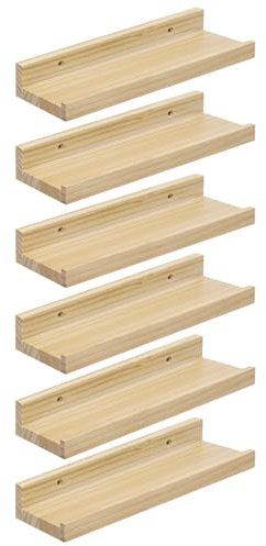 eSituro 6er Set Wandregal Holz, Hängeregal Schweberegal Bilderleiste, Wanddeko für Wohnzimmer Schlafzimmer Küche Badezimmer, 10 kg Belastbarkeit, natürliche Holzfarbe, B30xH4xT10 cm, SWS0375-6