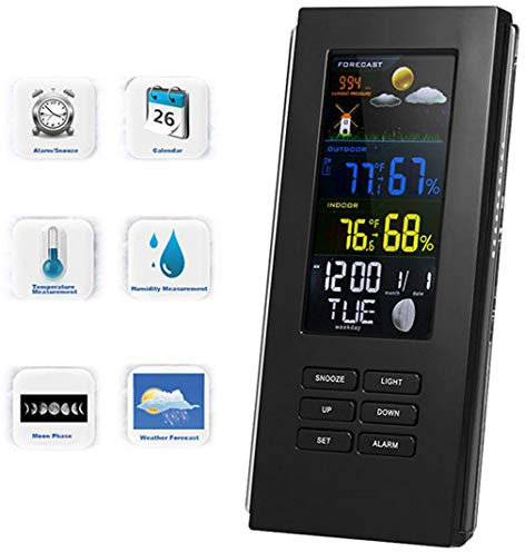 Estación meteorológica inalámbrica, barómetro con pantalla LCD a color, sensor para interiores y exteriores, retroiluminación LED, función de horario de verano, despertador con función de repetic