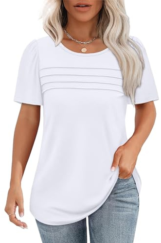 Chicrise Magliette Donna Manica Corta Pieghettata T-Shirt Scollo Rotondo Sciolto Sottile Top Eleganti Bianco Large 42-44