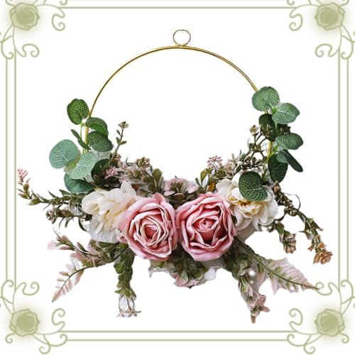 GZGXLJ Dekorative Kränze 37x30cm Türkranz Kranz Deko Künstlich Blumen Metallring Kranz Hängende Girlande für Urlaub Hochzeit Zuhause Wandtür Aufhängen Dekoration Weiß/Rosa