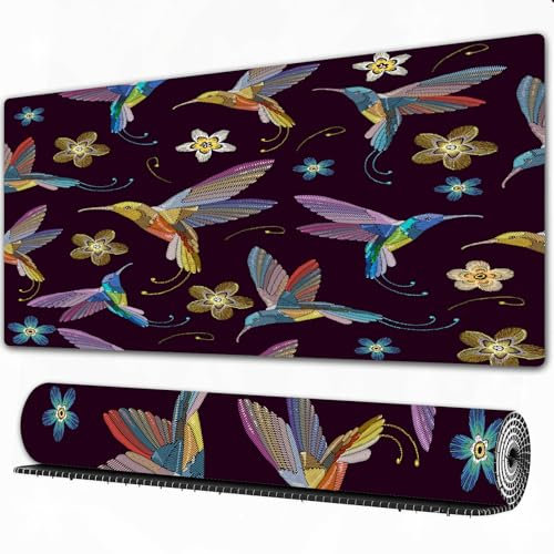 FEHWI Mauspad 80×30 cm Verlängertes großes Mauspad Schreibtischauflage,Stickerei mit Kolibri und Blumen. Wunderschöne Stickerei mit Kolibris und e,genähte Kanten Gaming Mauspad,rutschfeste Gummibasis