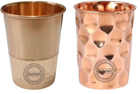 Fashnkart Halbgehämmertes Wasserglas aus reinem Kupfer in Diamantform, Moscow Mule-Glas für die ayurvedische Heilkunde, 2er-Set, 300 ml