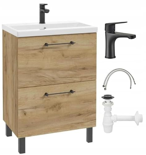 .Deftrans Waschbeckenunterschrank 50x80 cm mit waschbecken – Badezimmer Unterschrank Eiche Craft, stehend mit 2 Schubladen Soft-Close, Badmöbel mit Waschtischarmatur