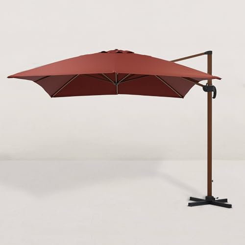 JJ. Ampelschirm, quadratisch, Holzoptik, 300 x 400 cm, Maße 3 x 4 m: sehr große Schattenfläche, Aluminium, dunkler Holzeffekt, Naturholz, professionelles Tuch 240 g/m², verstärkt, UV-beständig, Rot